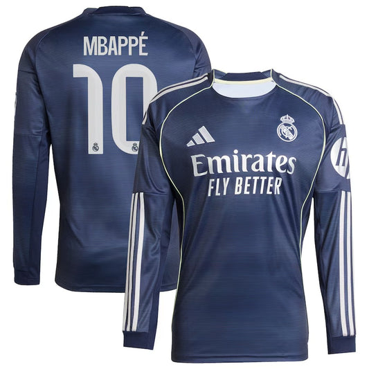 Real Madrid adidas Away Shirt 2025-26 - Long Sleeve with Mbappé 10 printing