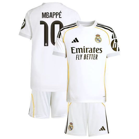 Real Madrid adidas Home Youthkit 2025-26 with Mbappé 10 printing