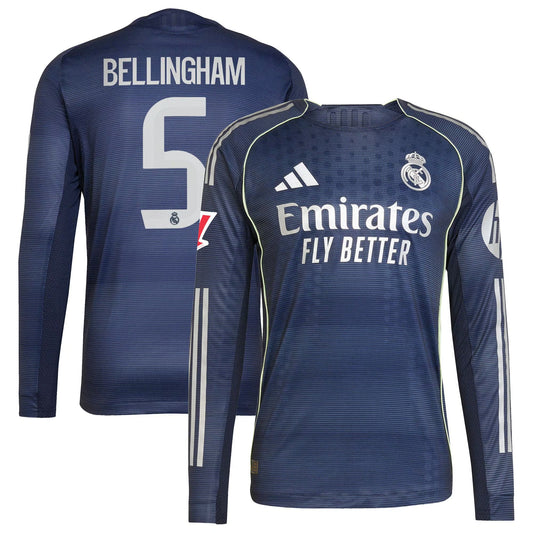 Jude Bellingham Real Madrid adidas 2025/26 Away Long Sleeve Player Jersey - Blue