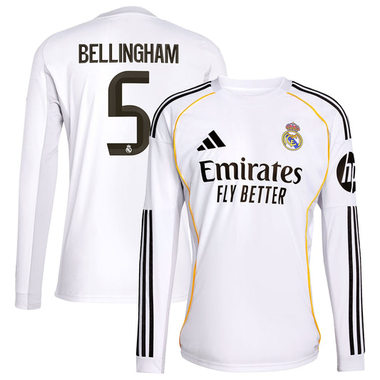 Real Madrid adidas Home Shirt 2025-26 - Long Sleeve with Bellingham 5 printing