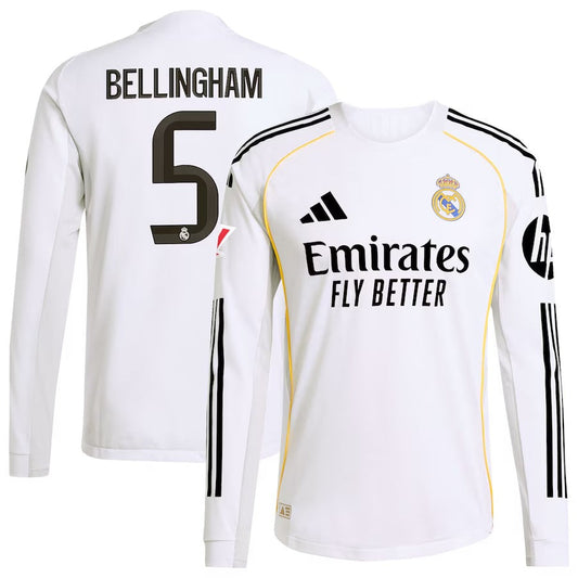 Jude Bellingham Real Madrid adidas 2025/26 Home Long Sleeve Jersey - White