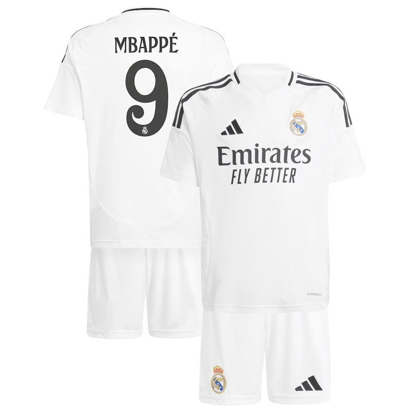 Real Madrid adidas Home Youthkit 2024-25 with Mbappé 9 printing